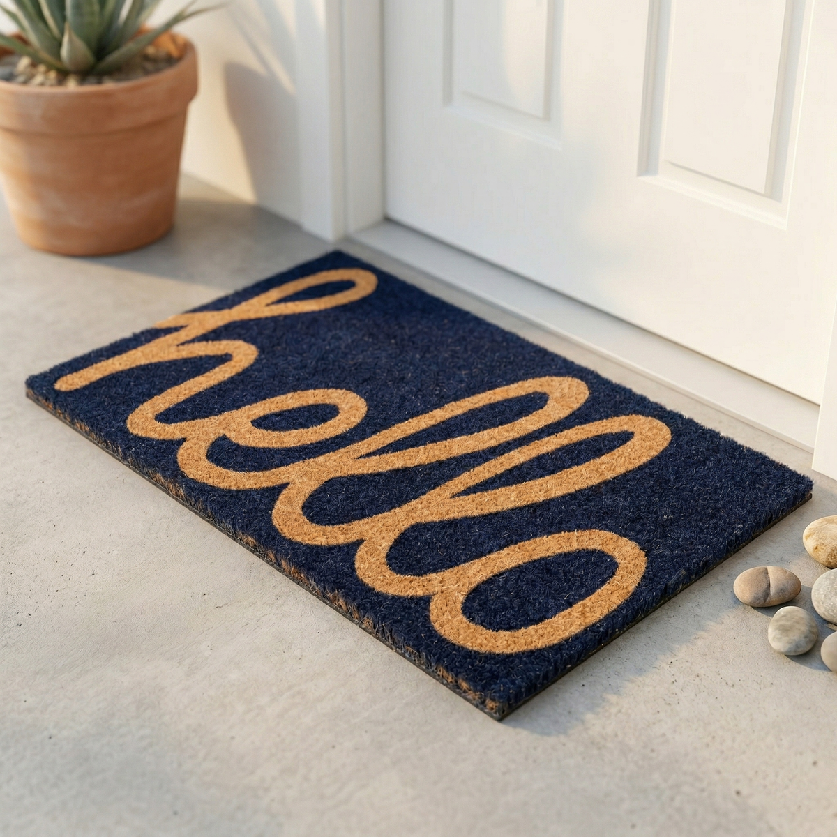 Cursive Hello Dark Blue Doormat, product view angle 4