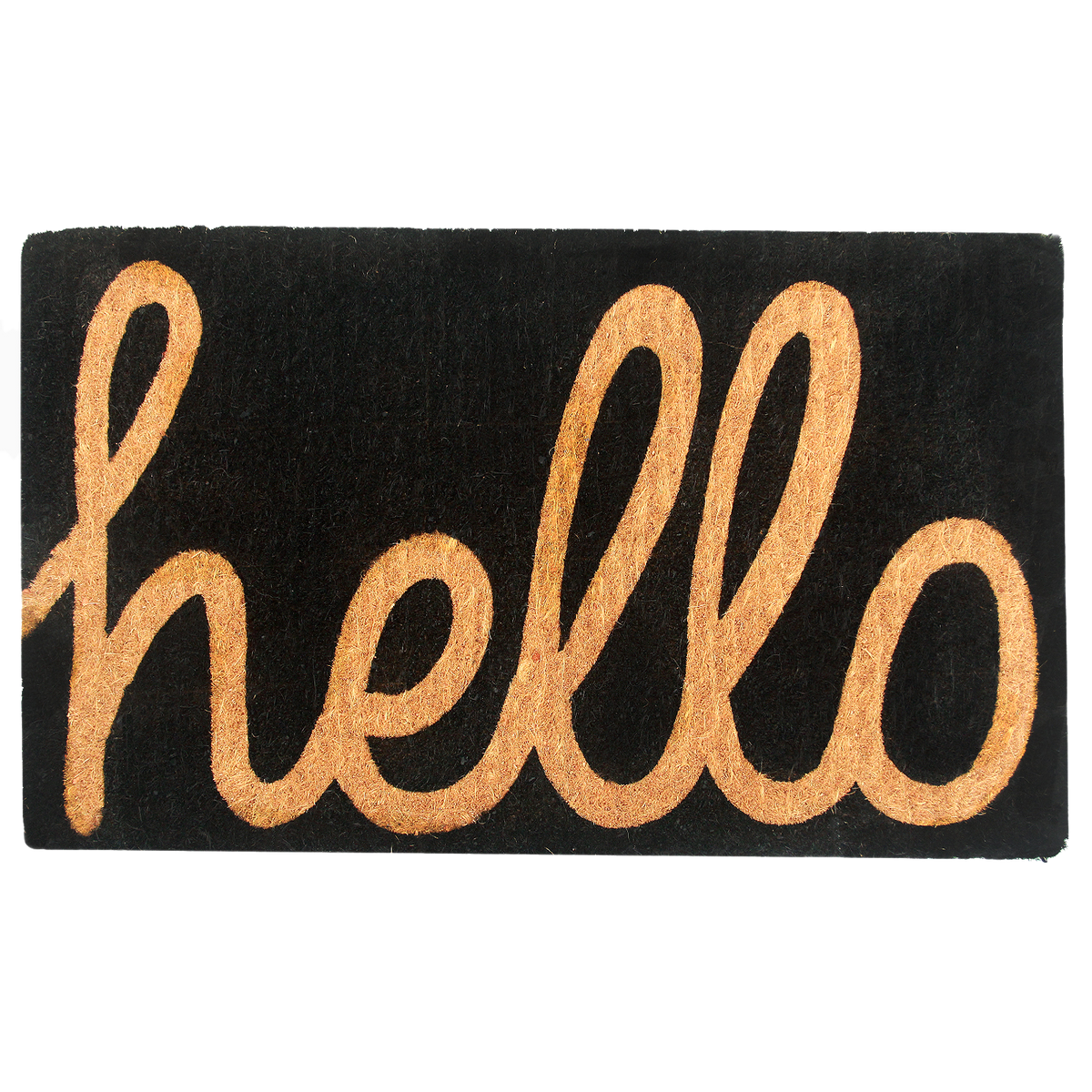Cursive Hello Black Doormat, flat product shot, alternate angle