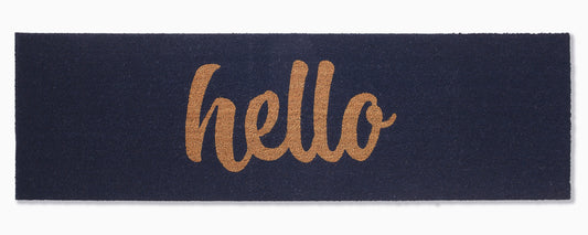 Cursive Hello Doormat (18" x 60" Non-Slip) Natural Rubber, Durable - Dark Blue