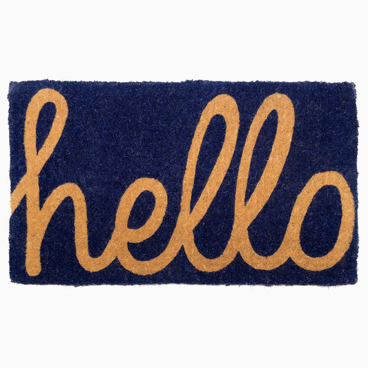 Cursive Hello Doormat Handwoven, Durable - Dark Blue