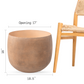 Size guide for large mousse brown planter by a chair: 17 in opening, 16 in high, 18.5 in wide