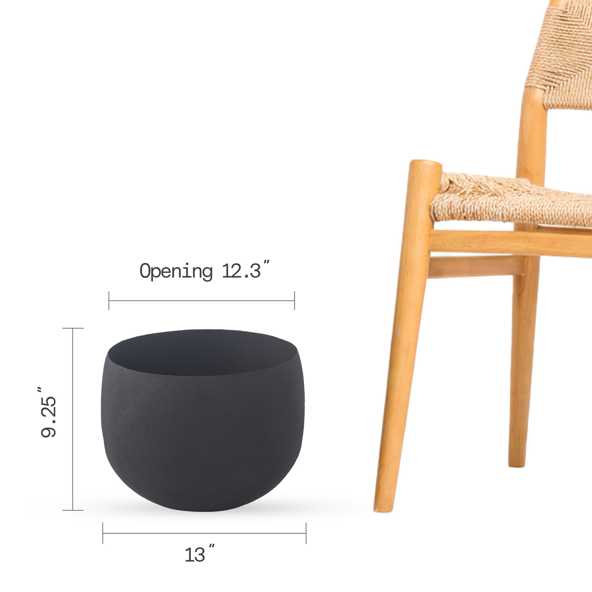 Midnight Planter, dimension size view, alternate angle