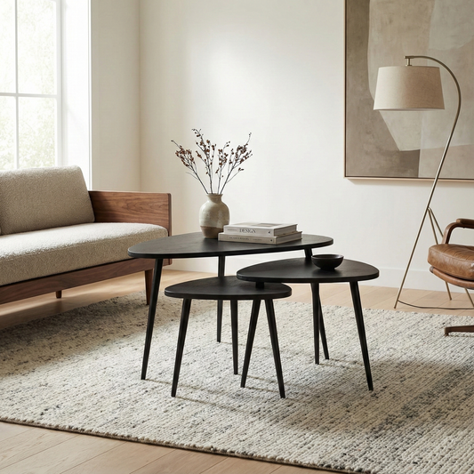 Drift Mid-Century Mango Wood Set of 3 Nesting Tables For Living Room - Black