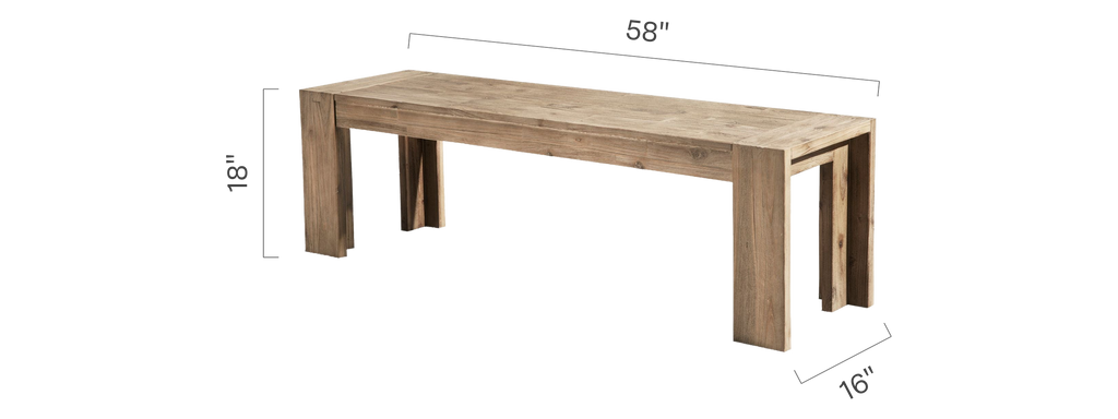 Dune acacia dining bench with dimension lines marking 58 inches wide, 16 inches deep, 18 inches high