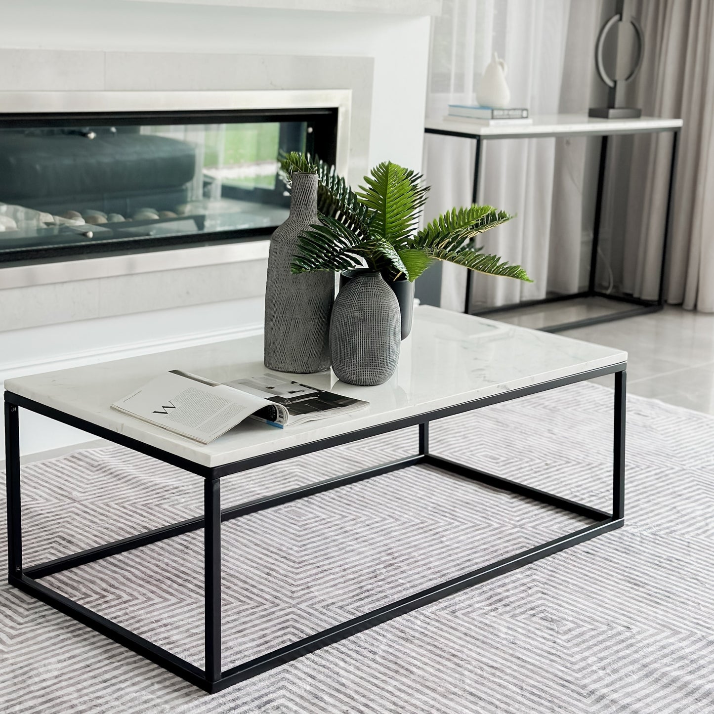 Evolve Contemporary Marble Coffee Table For Living Room - White/Black 47"