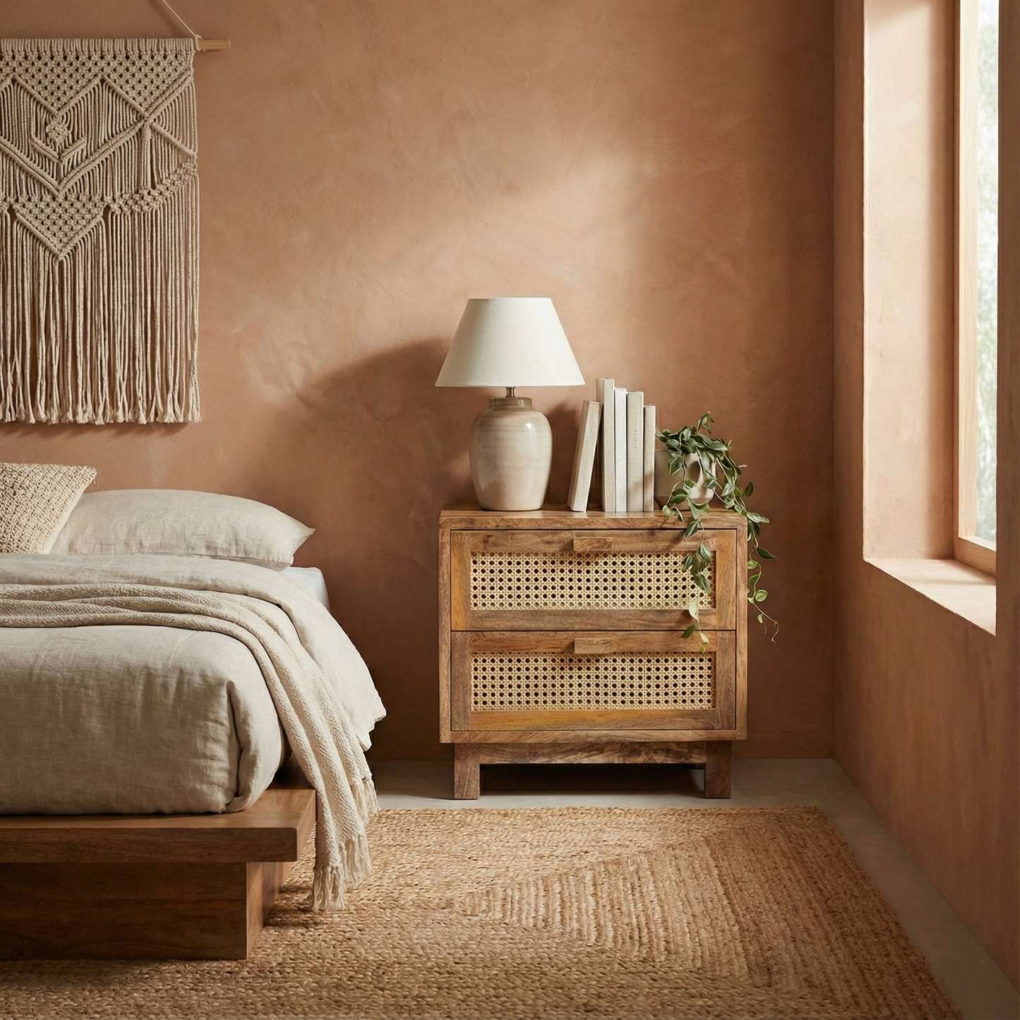 Flourish Coastal Mango Wood And Cane Side Table For Bedroom - Natural 20"