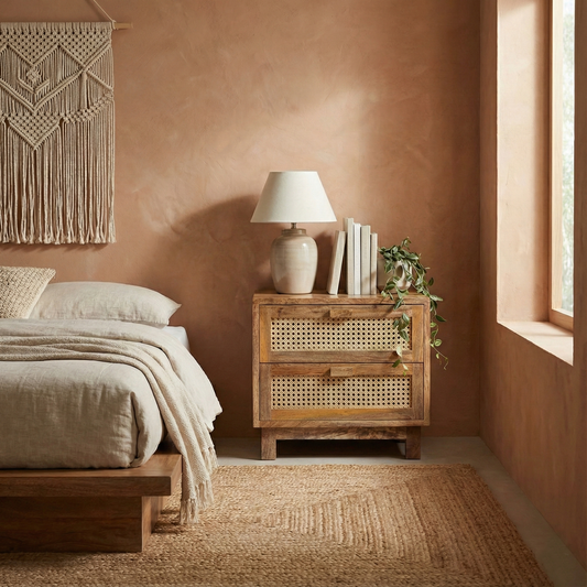 Flourish Coastal Mango Wood And Cane Side Table For Bedroom - Natural 20"