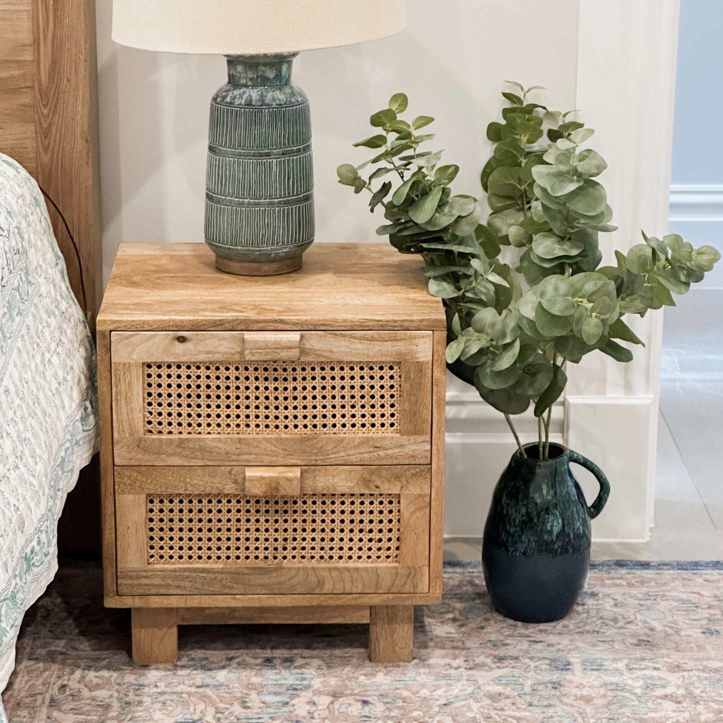 Flourish Coastal Mango Wood And Cane Side Table For Bedroom - Natural 20"