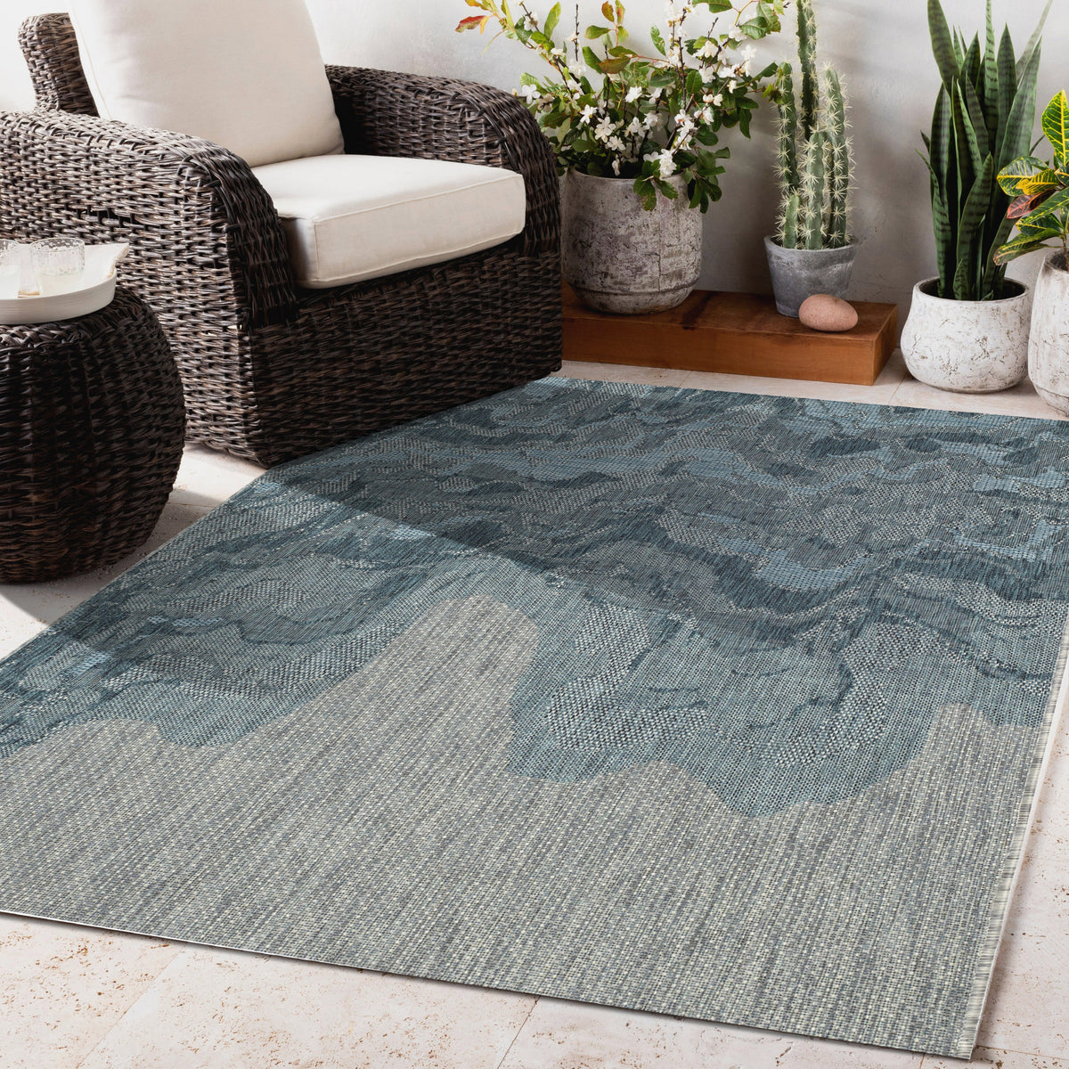 Blue Outdoor Rug, lifestyle patio scene, alternate angle