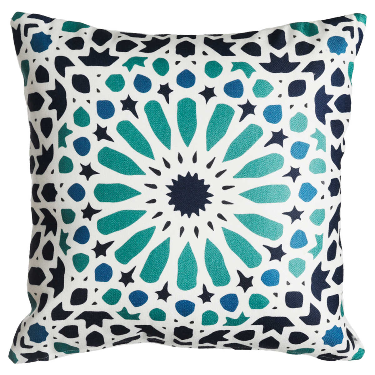 Multi Blue Outdoor Pillow, lifestyle patio scene with pillow, alternate angle