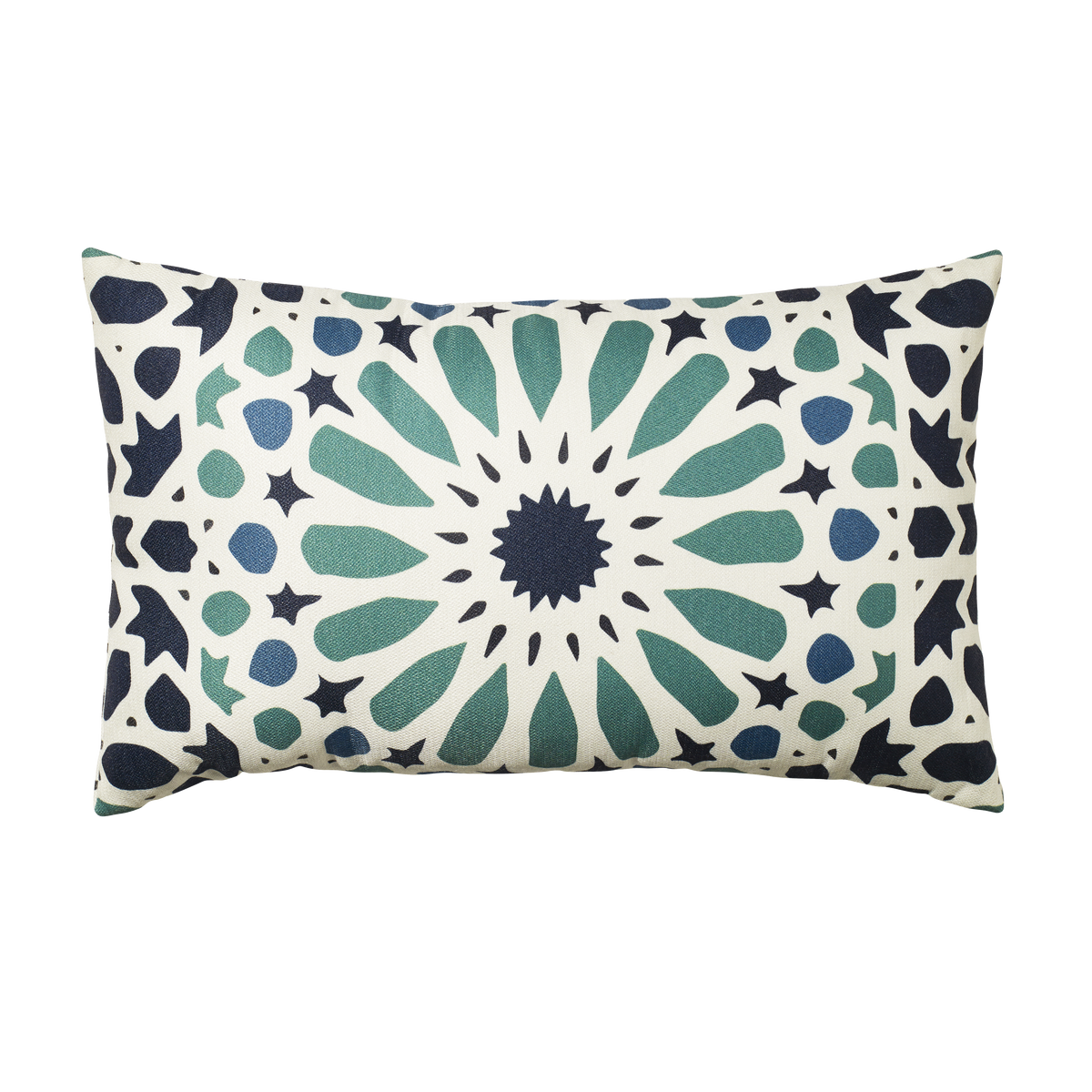 Multi Blue Outdoor Pillow, lifestyle patio scene with pillow, Multi Blue tones
