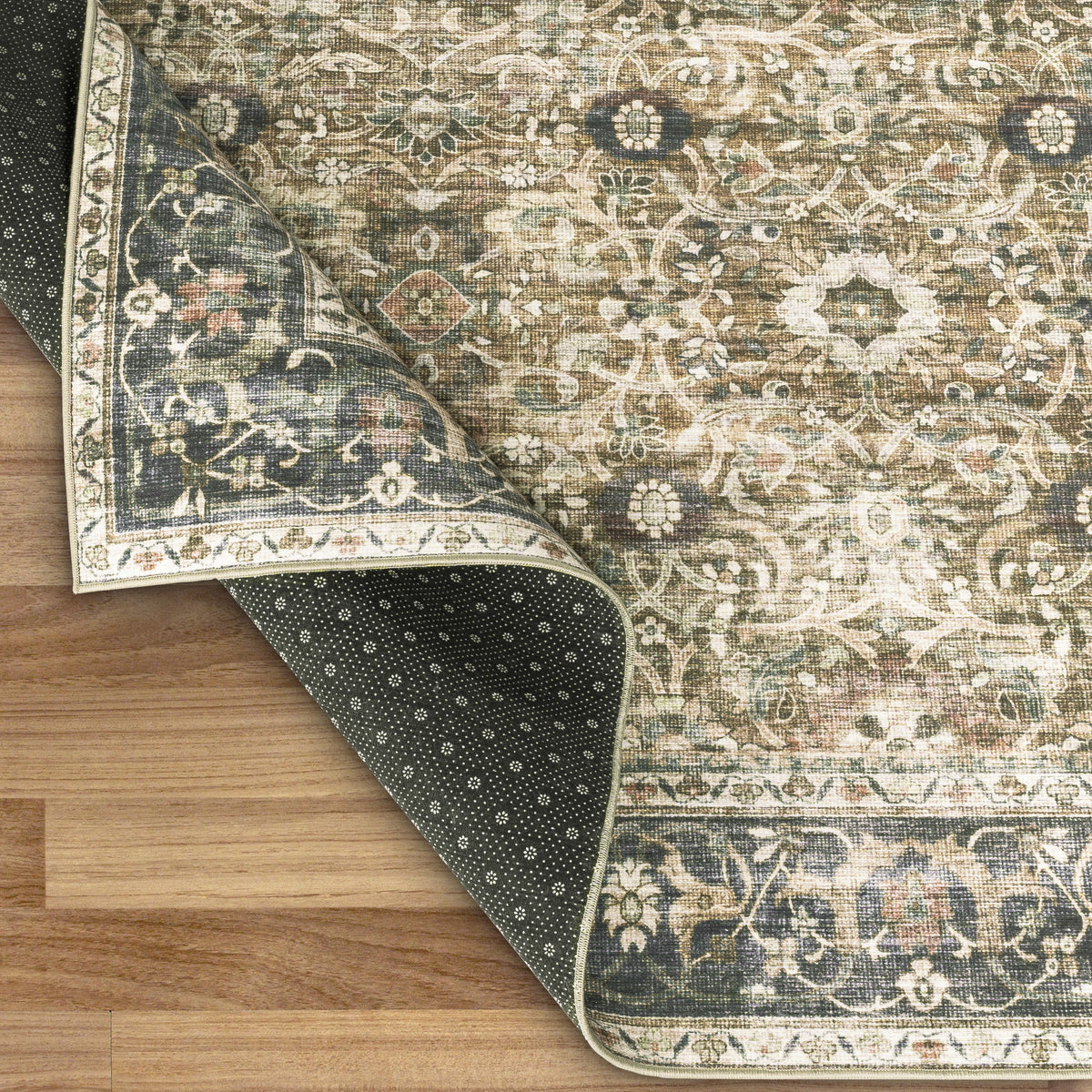 Brown Gray Beige Area Rug, folded corner detail, alternate angle