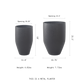 Size guide for black metal planter set: medium 18 in high, large 21.5 in high