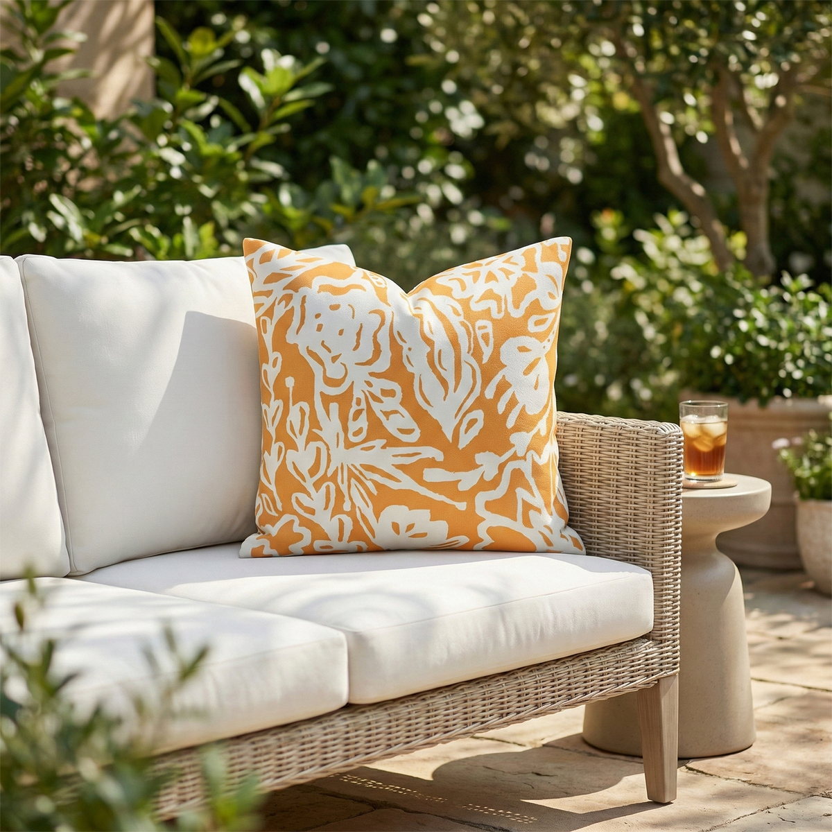 Mustard Yellow Outdoor Pillow, lifestyle patio scene with pillow