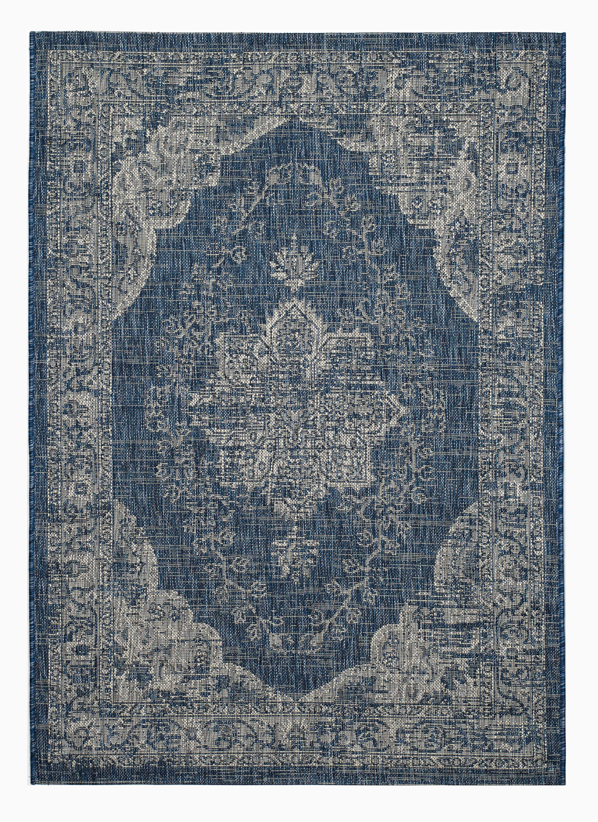 Full view of blue and ivory medallion outdoor rug