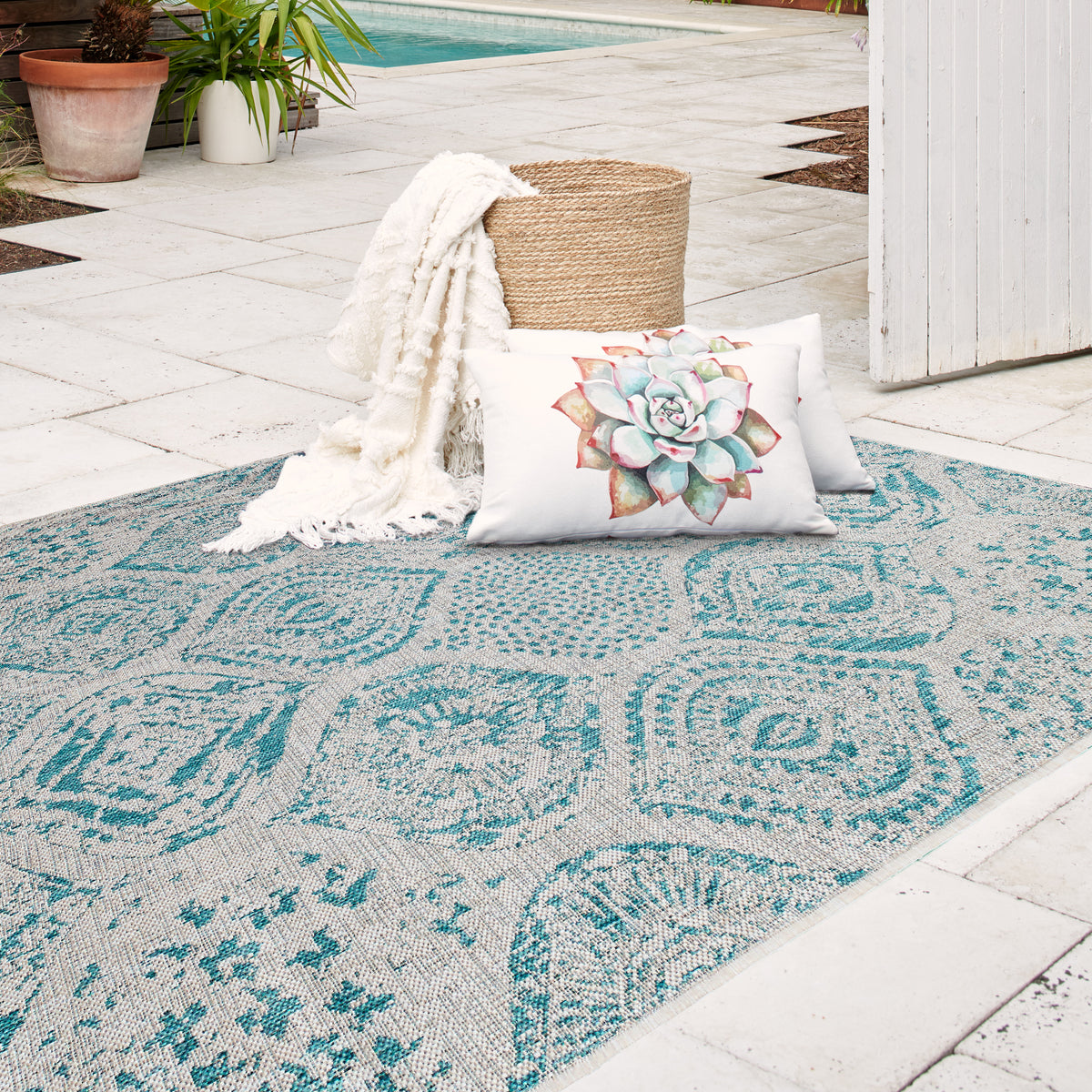 Aqua Outdoor Rug, lifestyle patio scene
