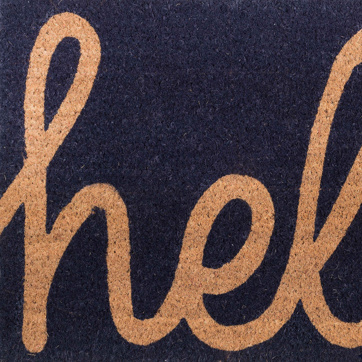 Cursive Hello Dark Blue Doormat, close-up of weave texture