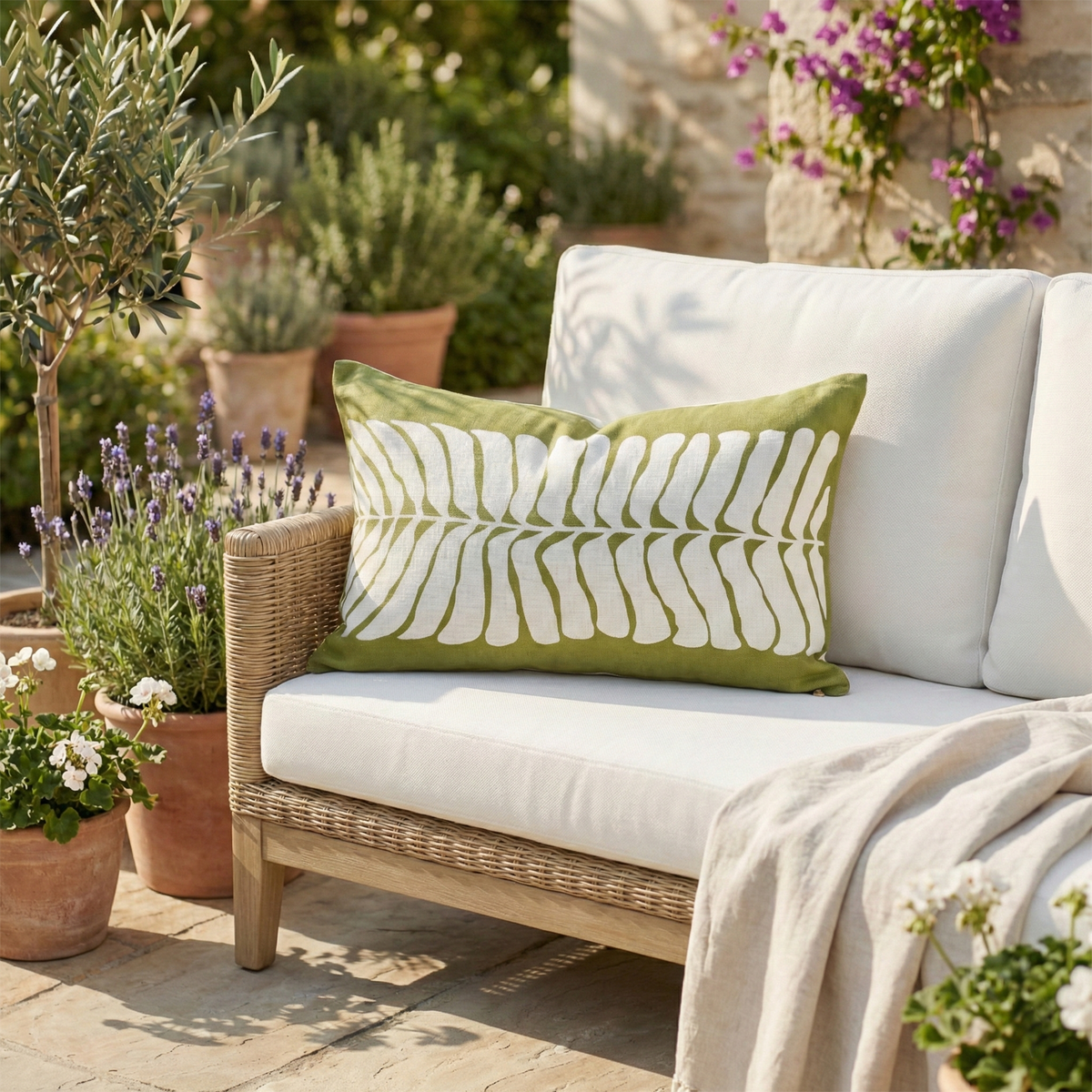Green Outdoor Pillow, lifestyle patio scene with pillow, Green tones