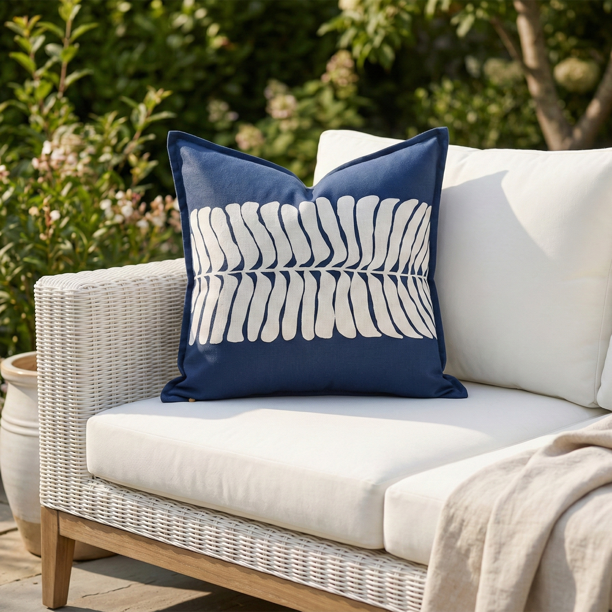 Blue Outdoor Pillow, lifestyle patio scene with pillow