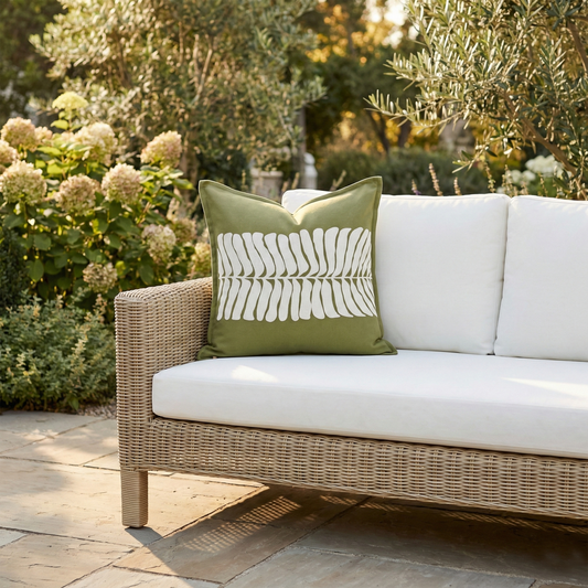 Green Outdoor Pillow, lifestyle patio scene with pillow