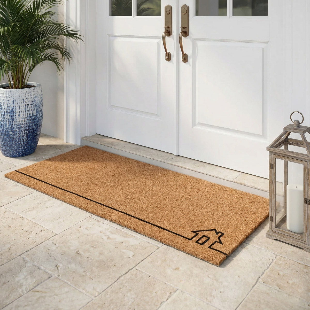 Lifestyle view of long natural coir doormat with black line-drawn house outline by lantern and palm