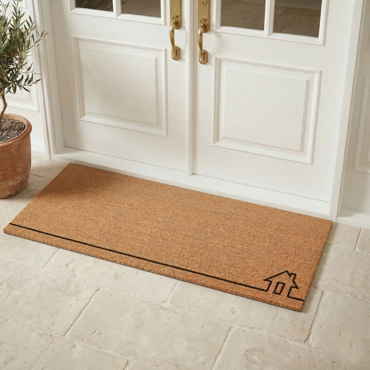 Lifestyle view of wide house outline coir doormat at white double doors