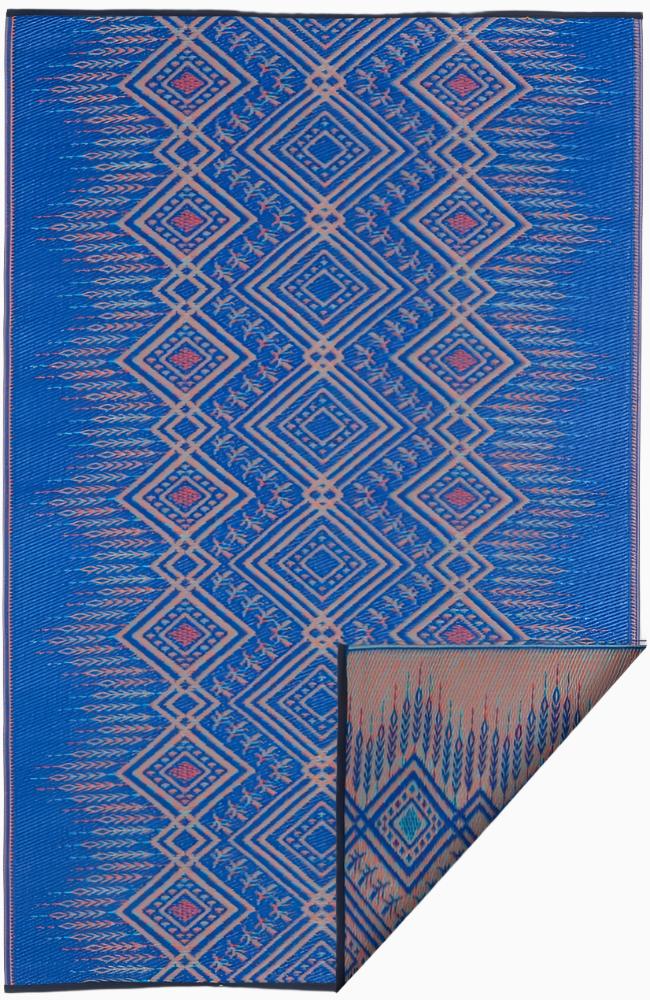 Multi Blue Outdoor Rug, folded corner showing woven texture