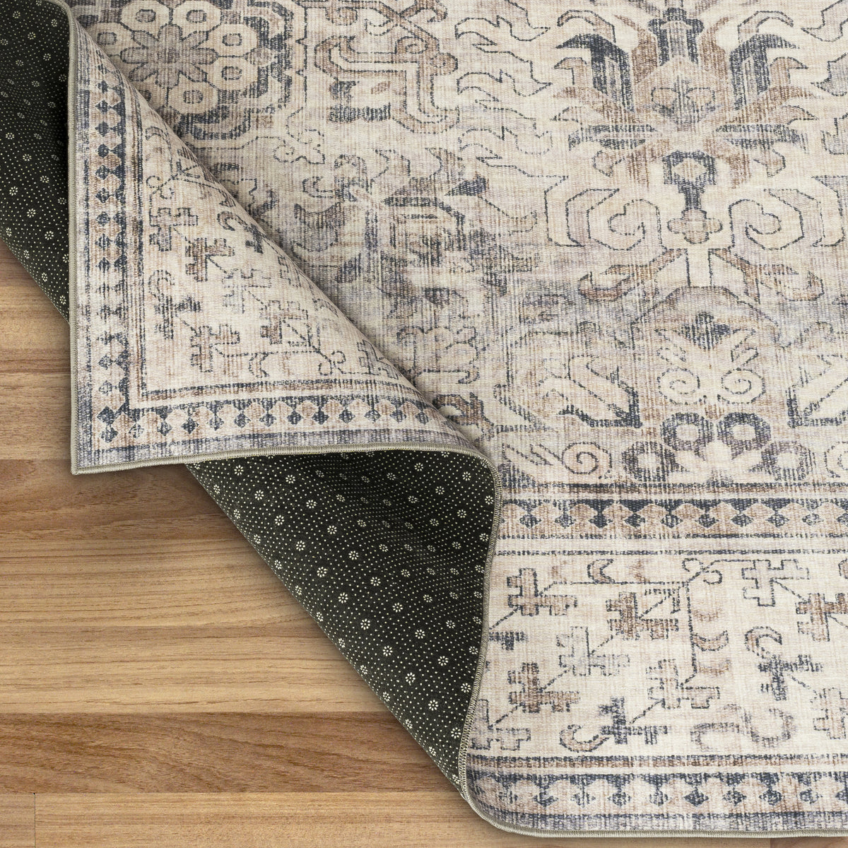 Beige Gray Ivory Area Rug, folded corner detail, alternate angle