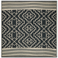 Full view of square black and cream tribal outdoor rug