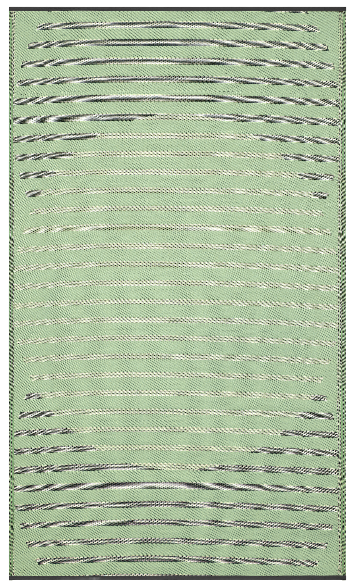 Full view of green striped circle outdoor rug