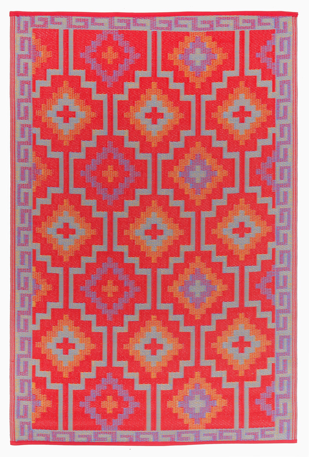 Full view of orange and violet diamond outdoor rug laid flat