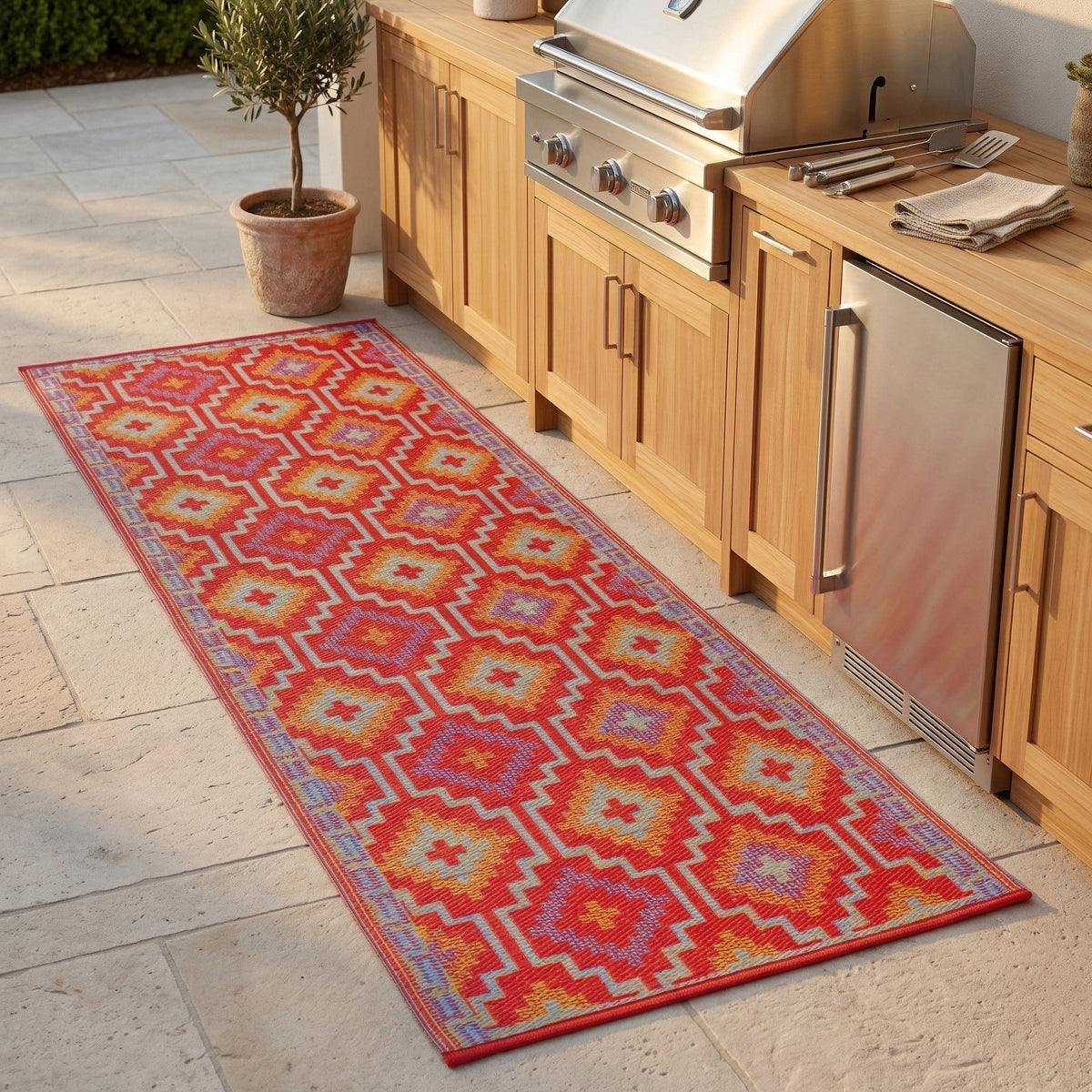 Lifestyle view of orange and violet diamond outdoor rug runner beside outdoor kitchen grill