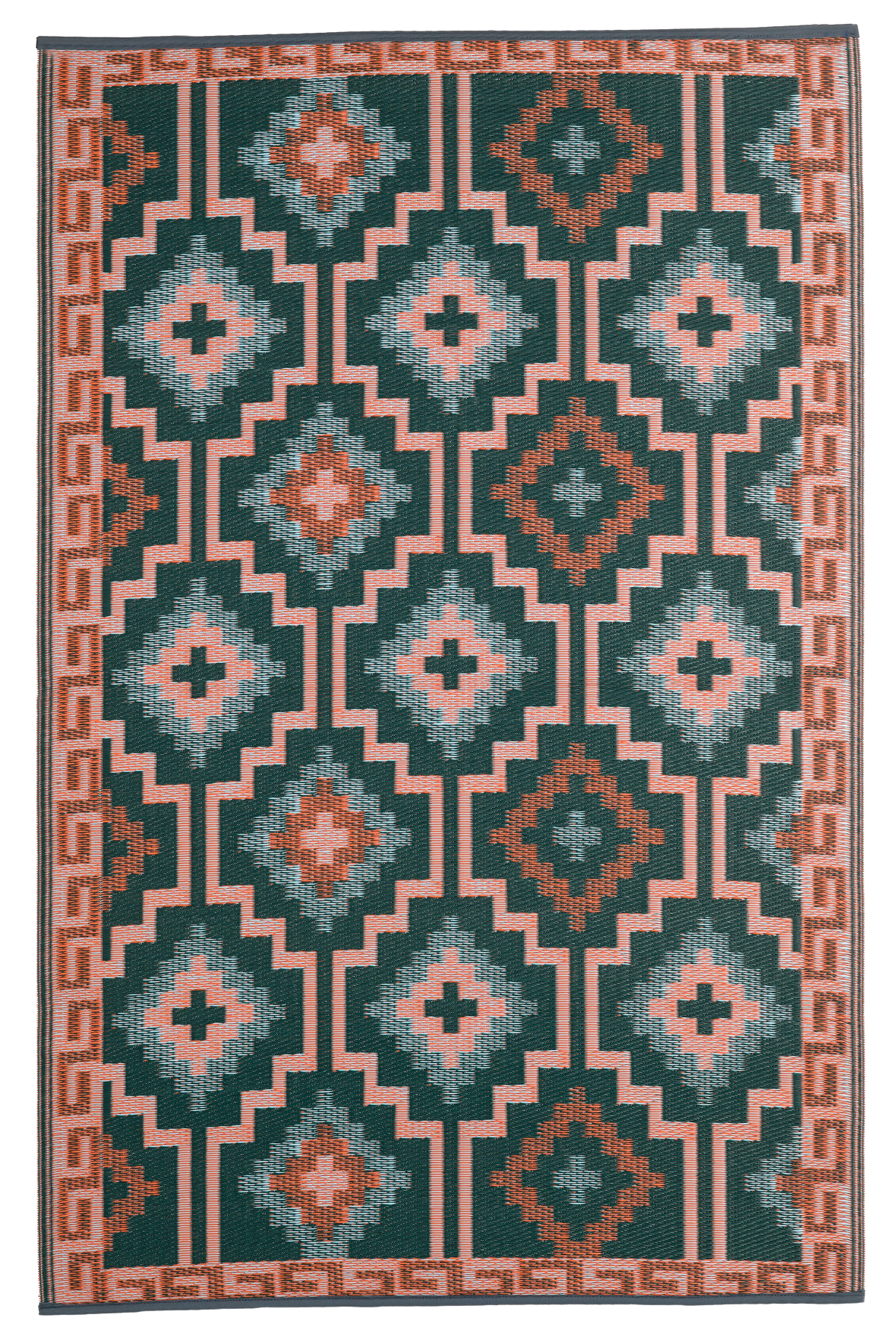 Full view of green diamond outdoor rug with coral pattern laid flat