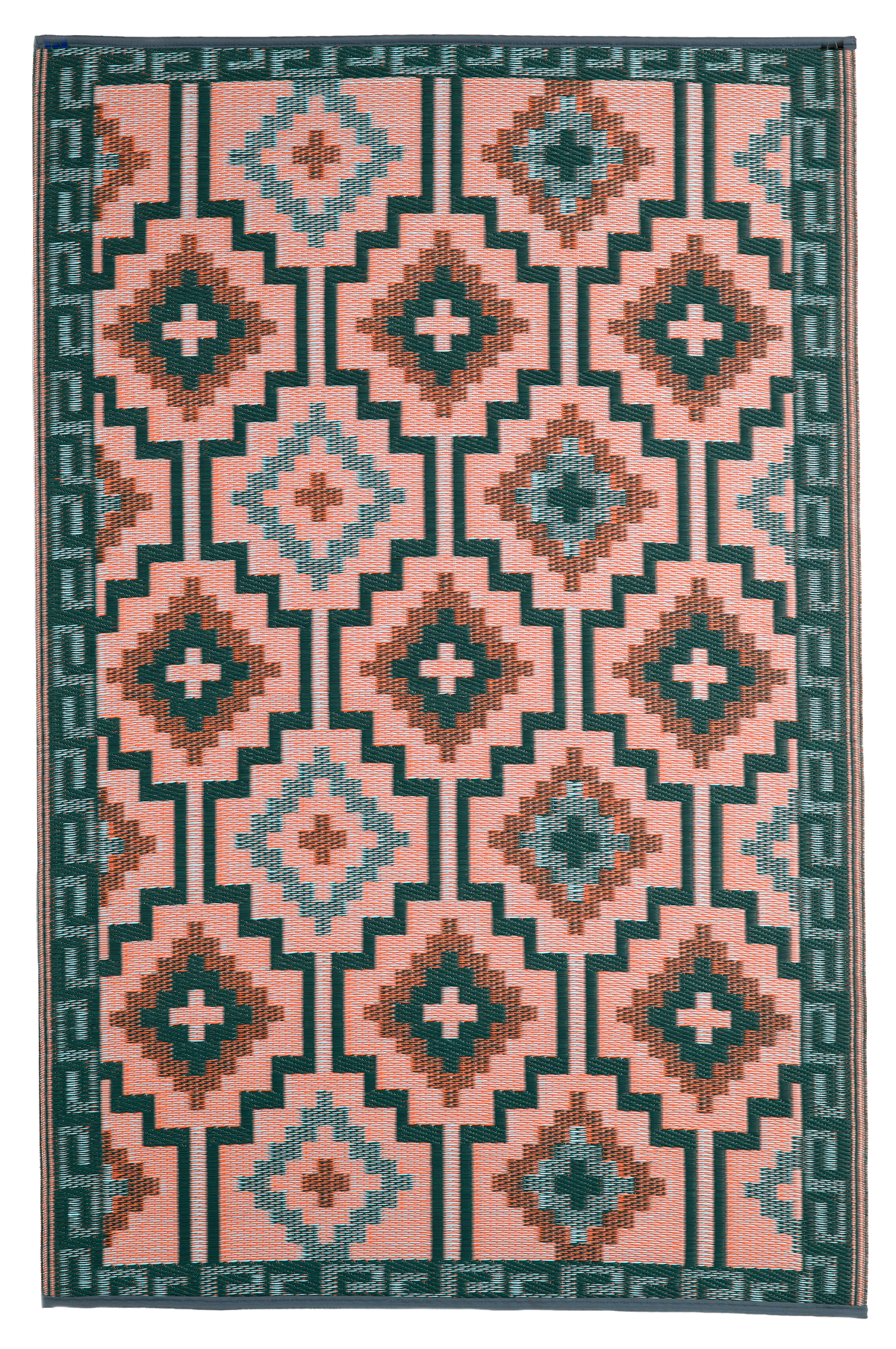 Reverse side of green diamond outdoor rug with coral background