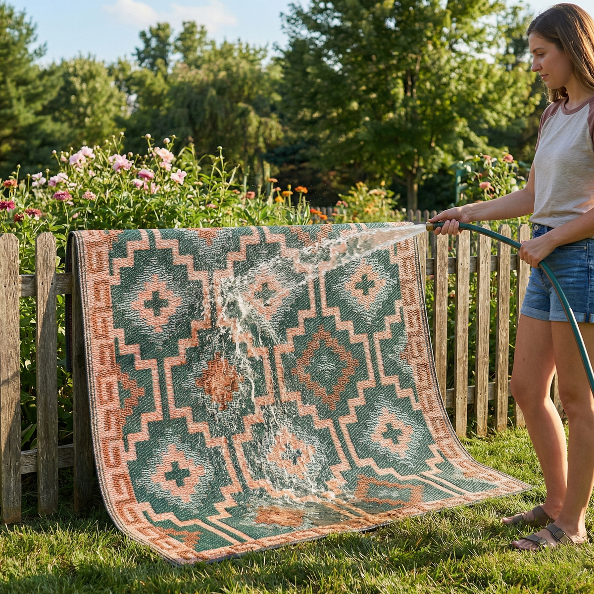 Woman rinsing green diamond outdoor rug draped over a garden fence with a hose