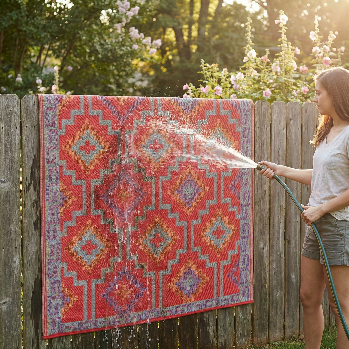 Woman rinsing orange and violet diamond outdoor rug hung on a wooden fence with a hose
