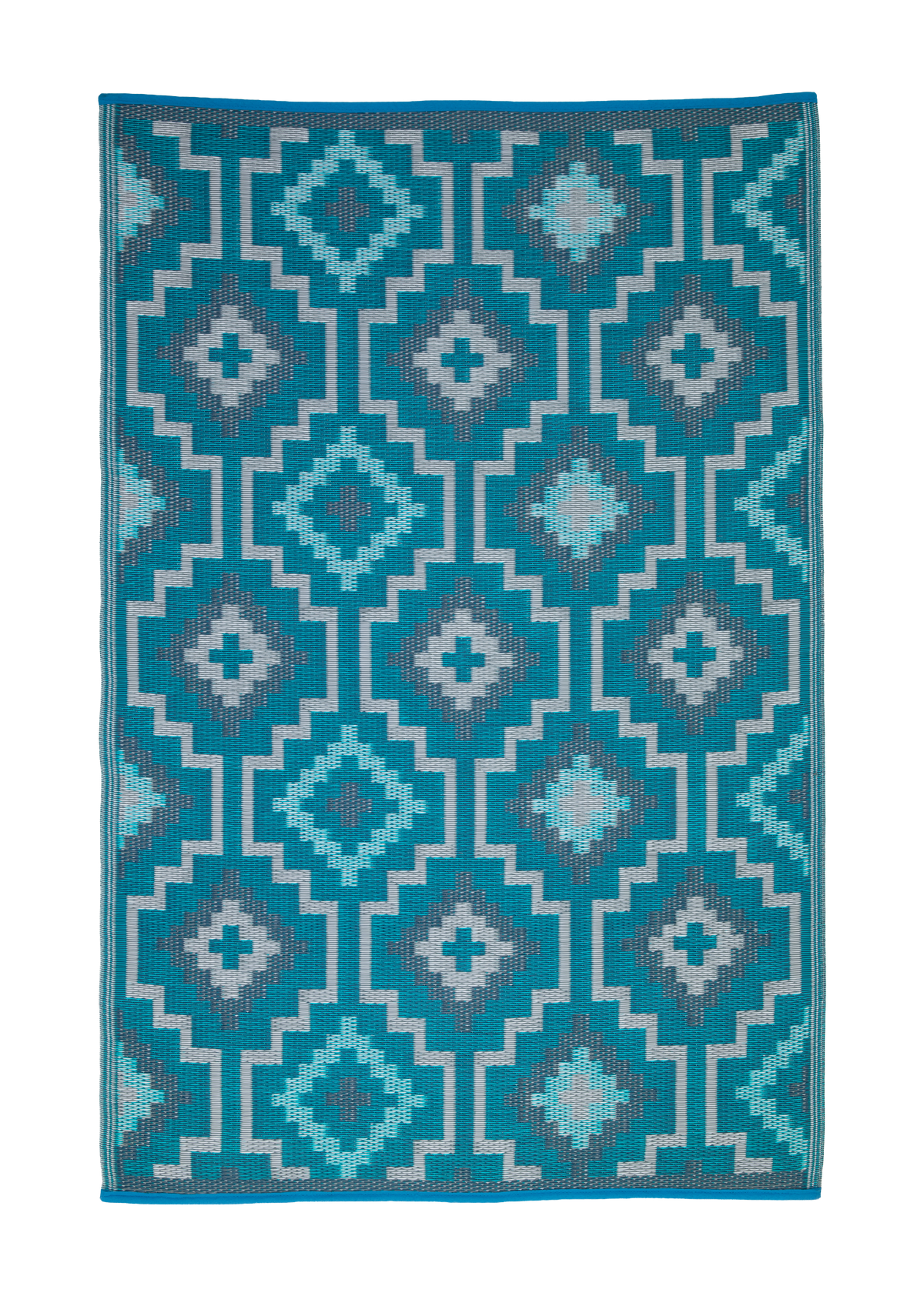 Reverse side of teal diamond outdoor rug with teal background