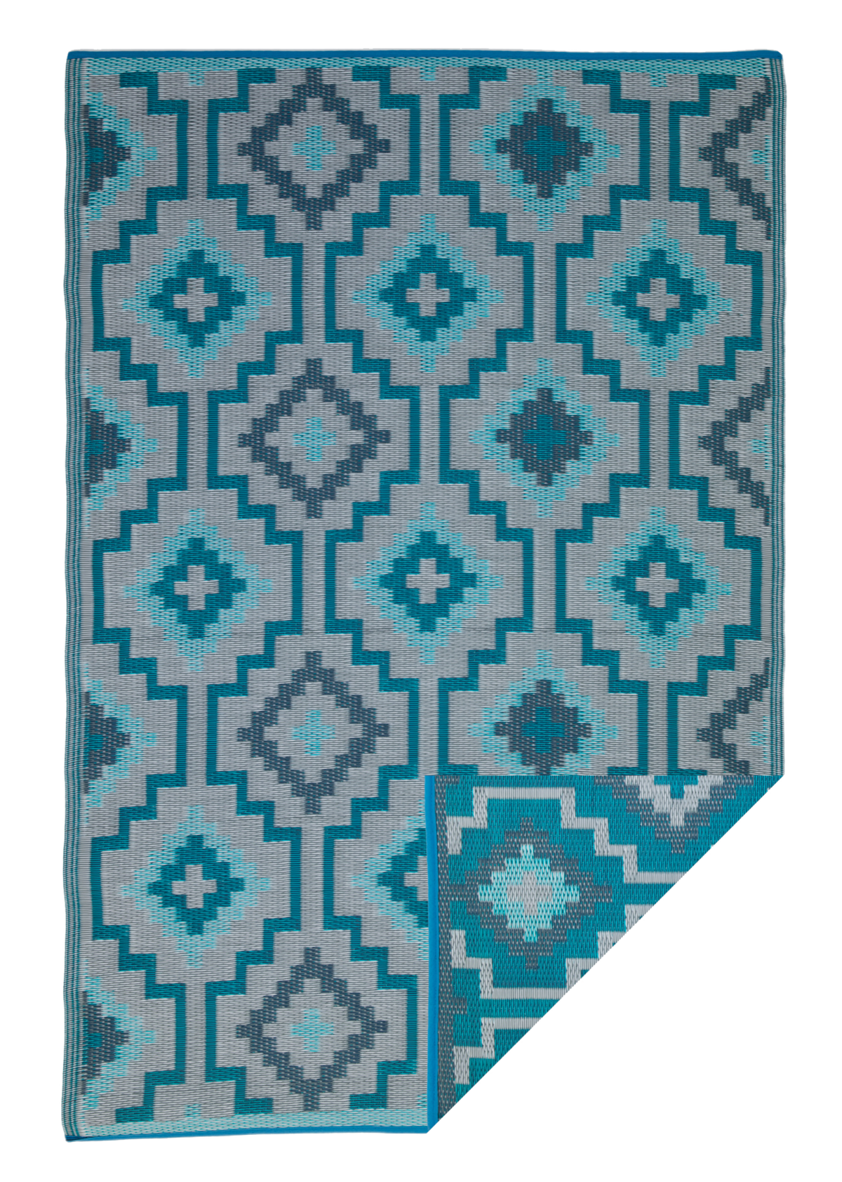 Full view of teal diamond outdoor rug with corner folded to show reverse