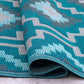 Texture close-up of teal diamond outdoor rug with rolled edge