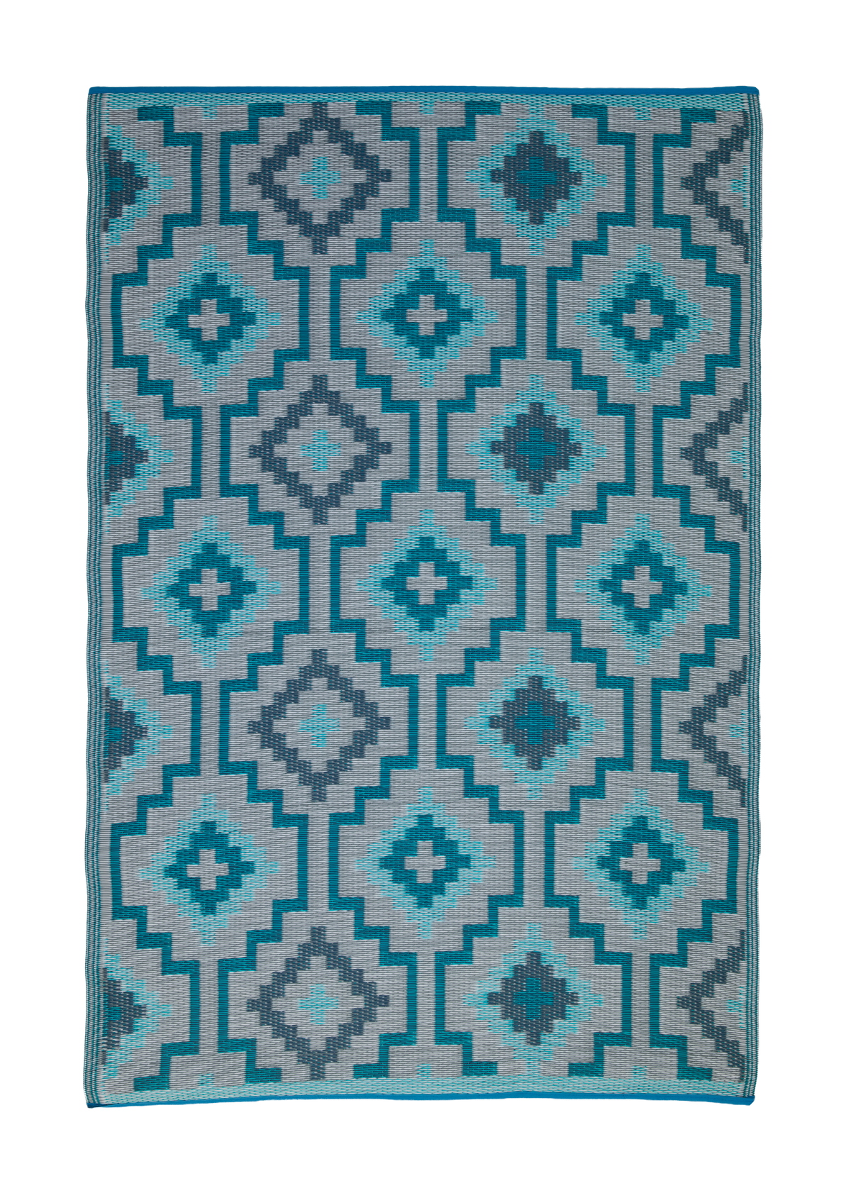 Full view of teal diamond outdoor rug with light gray background