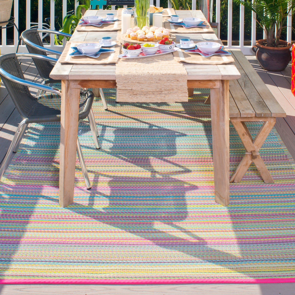 Candy Outdoor Rug, lifestyle patio scene, Candy tones