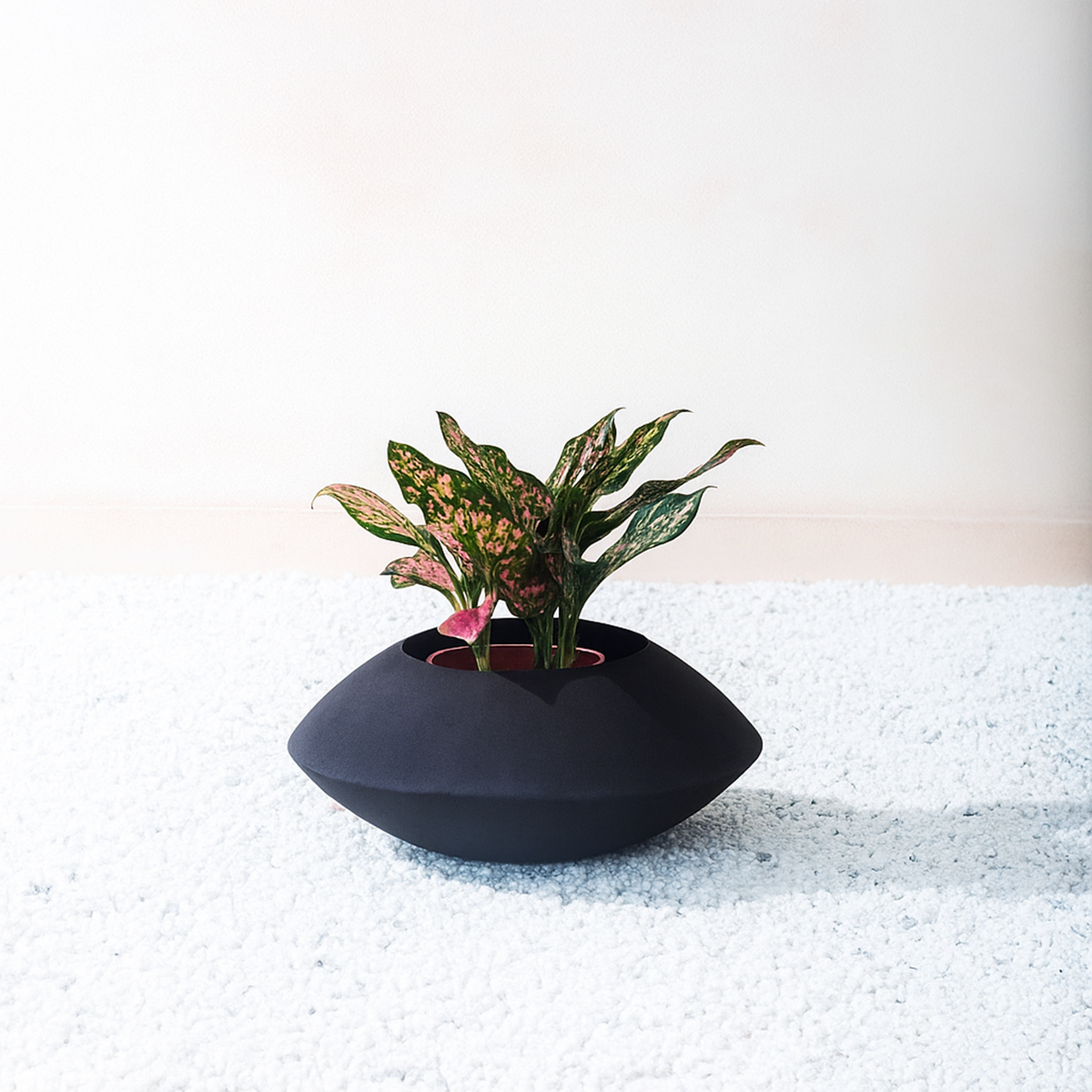 Mocha Charcoal Planter, lifestyle room scene, alternate angle