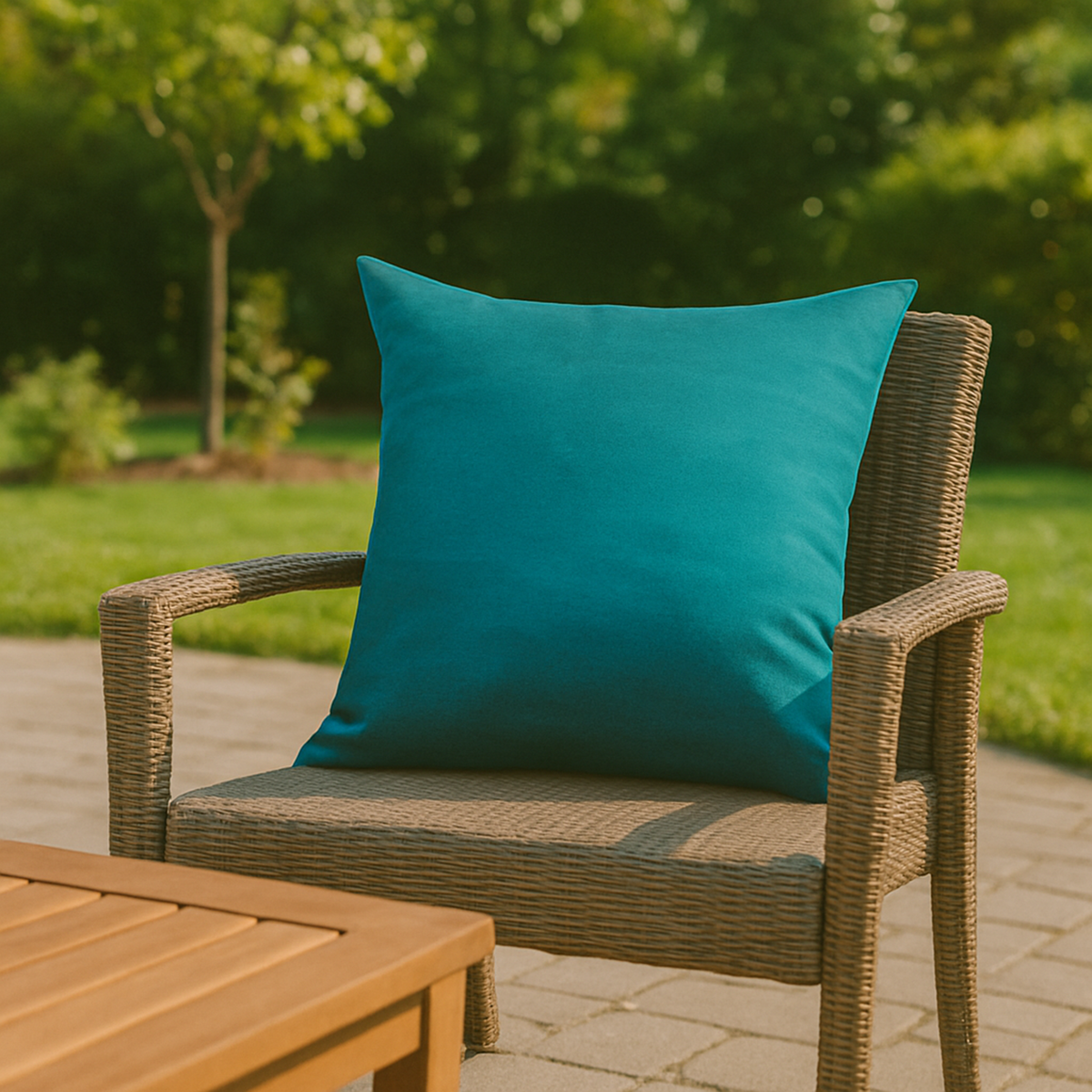 Teal Outdoor Pillow, lifestyle patio scene with pillow, alternate angle
