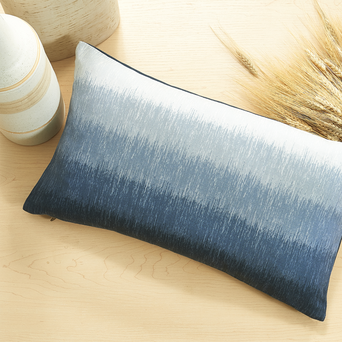 Blue Outdoor Pillow, lifestyle patio scene with pillow, detail close-up