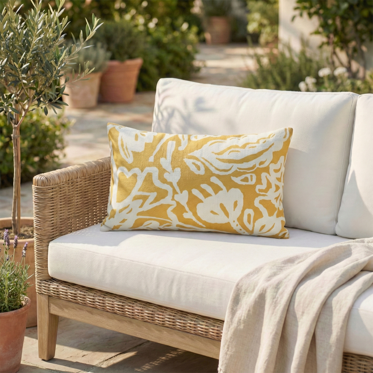 Mustard Yellow Outdoor Pillow, lifestyle patio scene with pillow, detail close-up