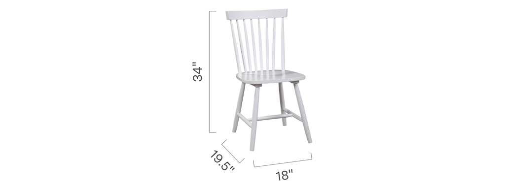 Linnea Soft White Windsor dining chair with dimension lines marking 18 inches wide, 19.5 inches deep, 34 inches high