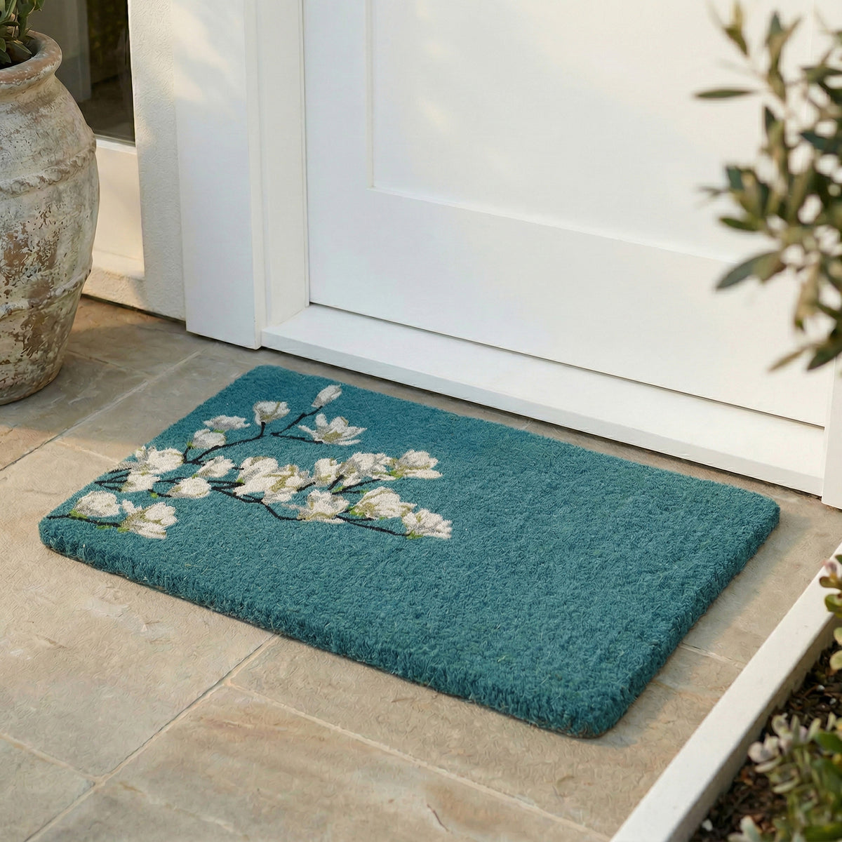 Magnolia Branch Blue Doormat, flat product shot