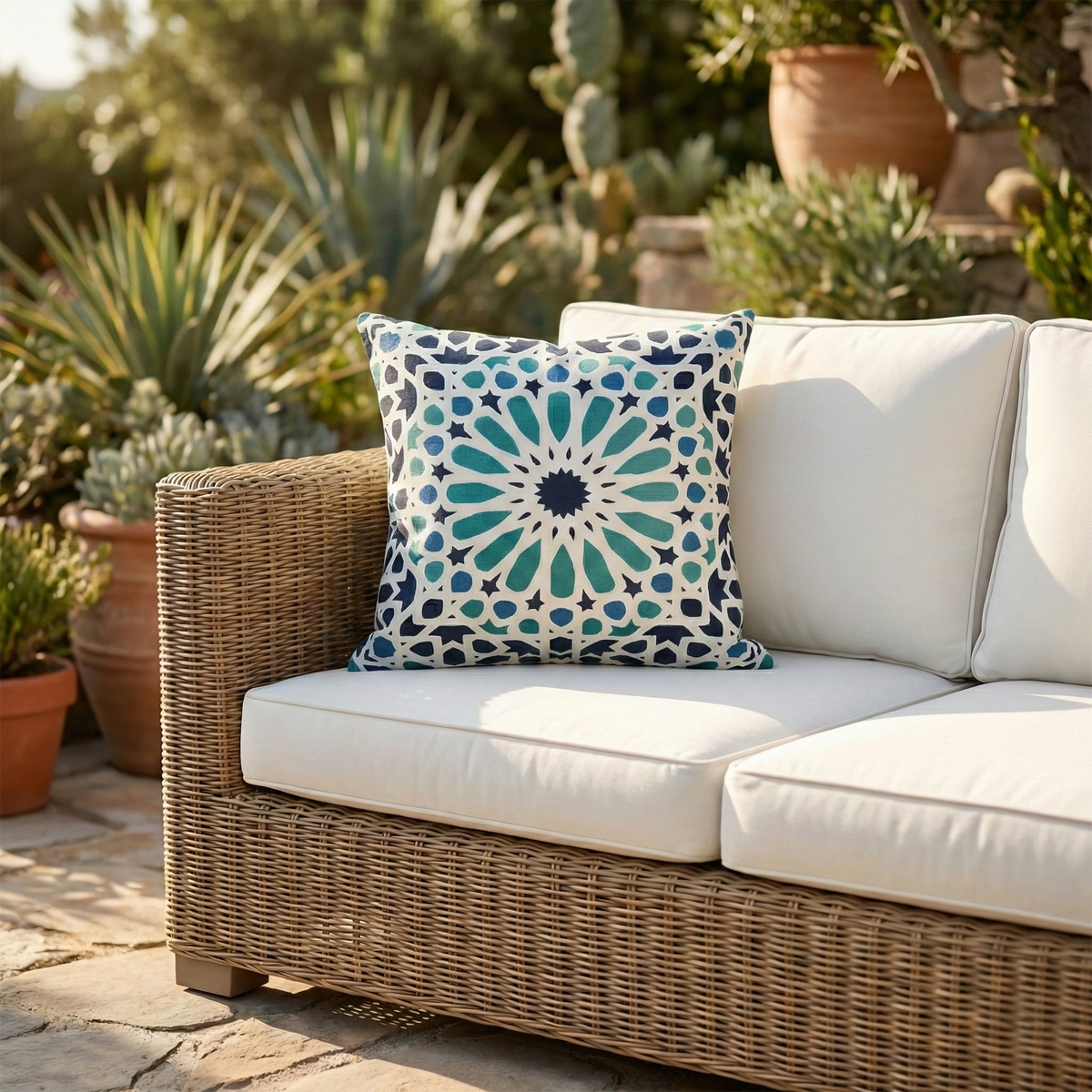 Multi Blue Outdoor Pillow, lifestyle patio scene with pillow
