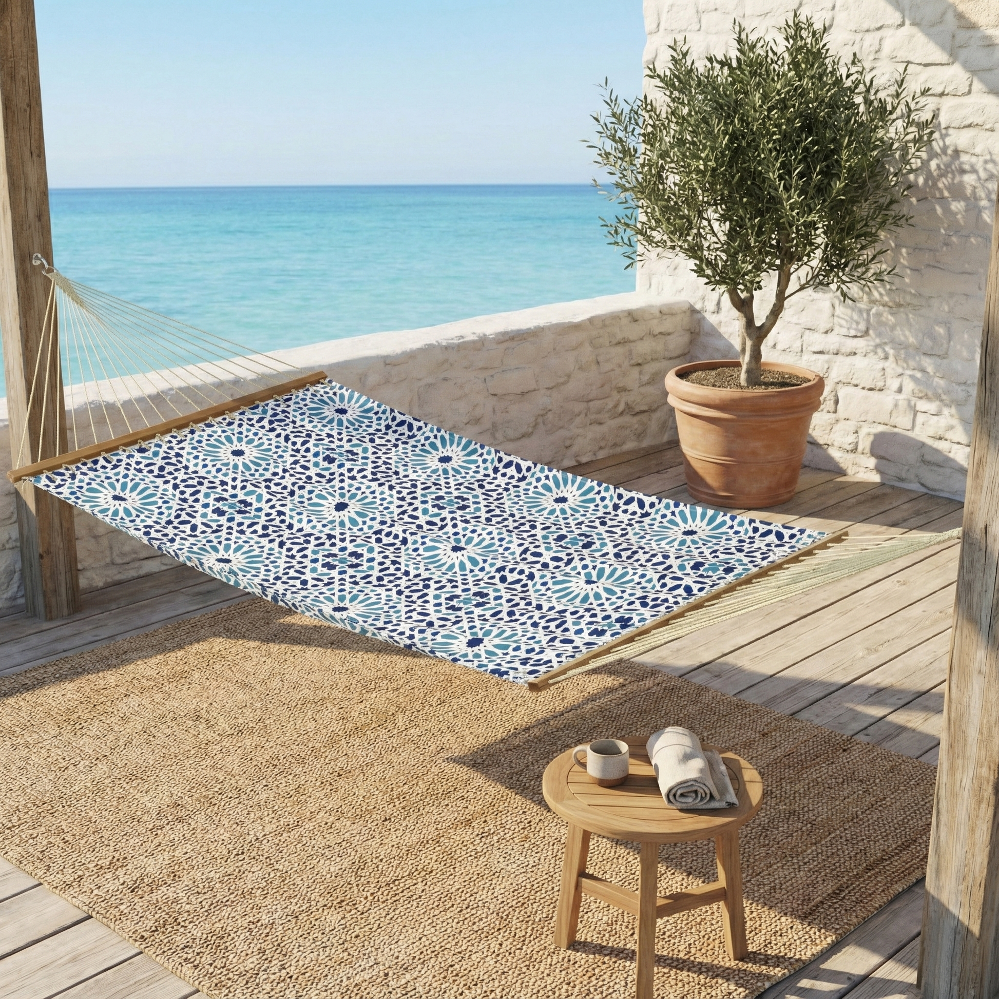 hängematte polyester Fab Habitat Farmhouse Hammock - Indoor/Outdoor, Quick Dry - Recycled Polyester - Patio Poolside Backyard - Mosaic Tile Blue
