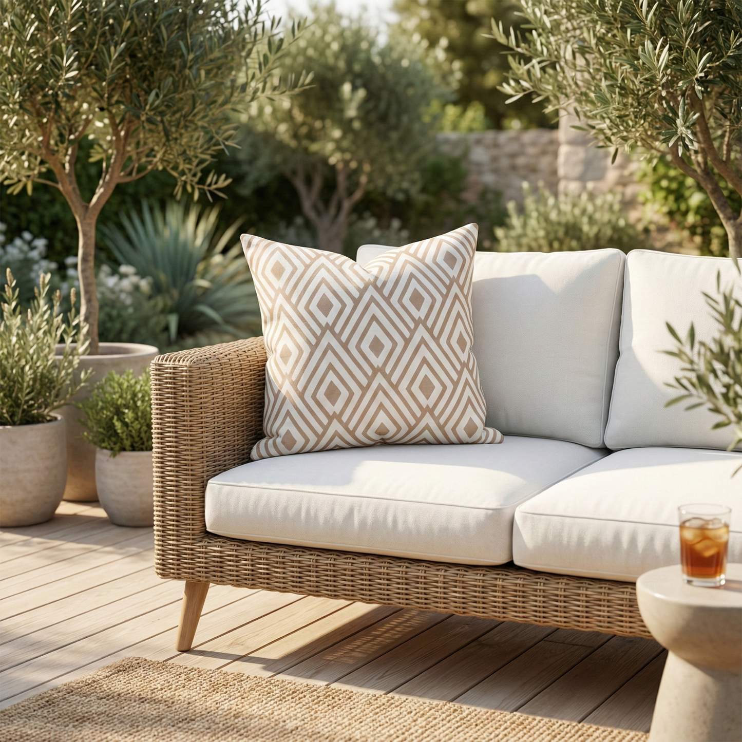 Nakano - Beige & White Modern Double Sided Indoor/Outdoor Pillow for Patio (20" x 20")